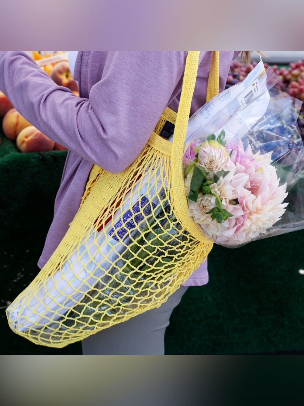 GUUD Brand 100% French Market Mesh Tote Bag 2-Pack, Yellow/Pink